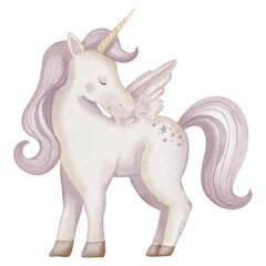 Unicorn watercolor illustration. Drawing of cute little Horse with wing and horn for Baby shower greeting cards or childish birthday invitation. Pony for girls nursery wall art. Pastel Fantasy Pegasus