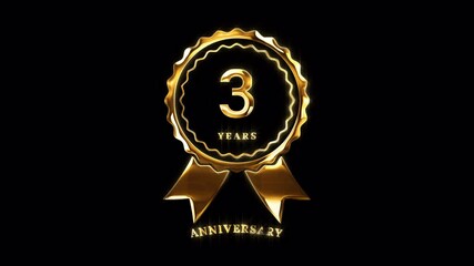 3rd Anniversary Celebration. Happy 3 Years Anniversary Animation in Gold Color on the Transparent Background, Alpha Channel. Great for greetings, celebrations, events, and gifts.