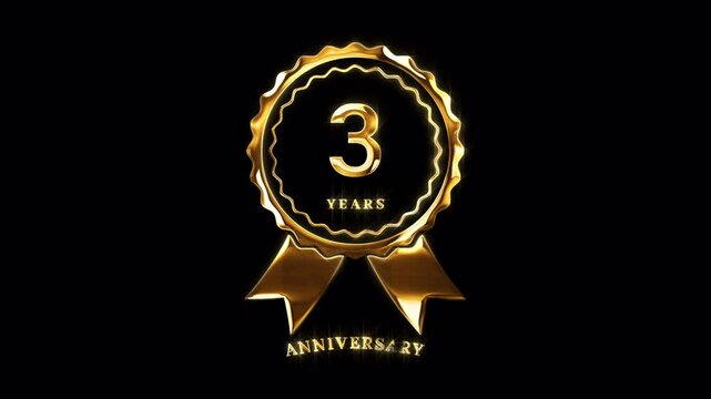 3rd Anniversary Celebration. Happy 3 Years Anniversary Animation in Gold Color on the Transparent Background, Alpha Channel. Great for greetings, celebrations, events, and gifts.