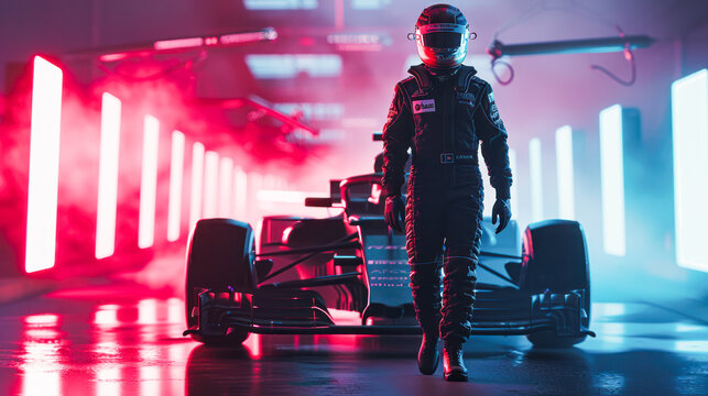 New Formula one pilot going to his racing car in box with neon lights. Career start. New season of F1 World Championship. New car presentation. Unrecognizable F1 pilot in helmet standing at racing car