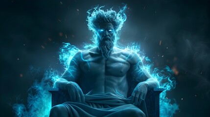 Fototapeta premium Muscular man with a beard and flowing hair, seated on a throne with a fiery background and emanating lightning bolts.