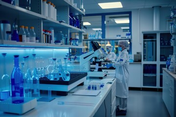 a modern, high-tech laboratory with a long corridor of workstations. Each side of the corridor is lined with shelves filled with various lab equipment, bottles, and instruments. 