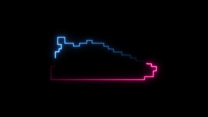 Glowing pink and blue neon line Fitness pixelated sneaker shoes for training, running icon isolated on black background. Crypto Punk Digital Sneaker. Sport shoes.