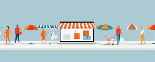 Illustration of people shopping outdoors with colorful umbrellas, storefront, shoppers, and items on sale under a clear sky.