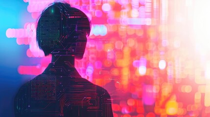 Modern tech interface, back view (close up, focus on, copy space) colorful palette, double exposure silhouette with digital circuits