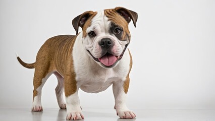 Fototapeta premium Portrait of White and brindle american bulldog on grey background