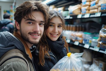 A young couple, dressed in warm clothing, is smiling while shopping for groceries in a supermarket aisle, reflecting the joy of shared tasks and daily life activities.