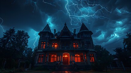 Fototapeta premium Old-fashioned mansion at night, with a dramatic lightning storm.