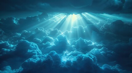 Fototapeta premium Captivating view of blue clouds illuminated by radiant sunlight, creating a serene and tranquil atmosphere in the sky.