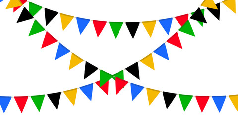 Fototapeta premium Red, green, black, yellow and blue flag garland. Triangle pennants chain. Party decoration. Celebration flags for decor