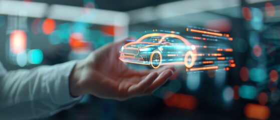Futuristic Professional Holding Holographic Shield with Car Icon in Neon-lit Workspace