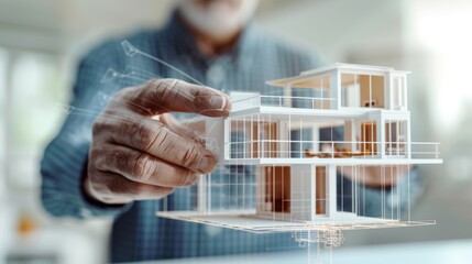 Architect Holding Detailed 3D Model of Contemporary Home with Transparent Blueprints - Modern Construction and Design Concept