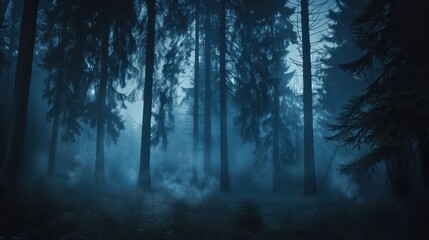 Fototapeta premium A dramatic wallpaper featuring a dark forest scene with tall trees and mist