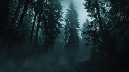 Fototapeta premium A dramatic wallpaper featuring a dark forest scene with tall trees and mist