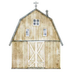 Watercolor Illustration of Rustic Barn with Vane Made of Wood and Metal Elements on isolated background. Drawing of old vintage Farm House in pastel colors for countryside design and harvest festival © Alisles