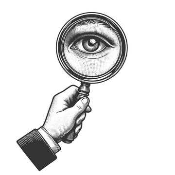 recommend clip art: eye magnified by a hand holding a magnifying glass, emphasizing detail and focus sketch engraving generative ai raster illustration. Scratch board imitation. Black and white image.