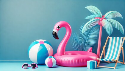 Obraz premium A tropical-themed summer setup with a pink flamingo float, beach balls, and palm leaves against a light blue background