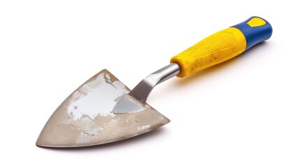 Yellow blue handle steel trowel for masonry and construction on white background