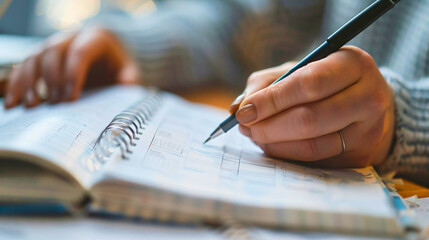 A close-up of a hand writing in a budget planner, with neatly organized columns for expenses and savings, representing careful financial planning.
