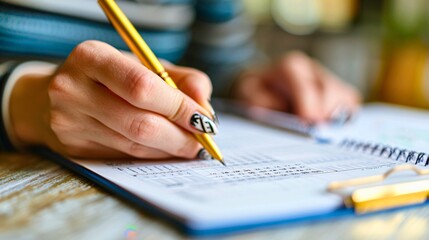 Fototapeta premium A close-up of a hand writing in a budget planner, with neatly organized columns for expenses and savings, representing careful financial planning. 