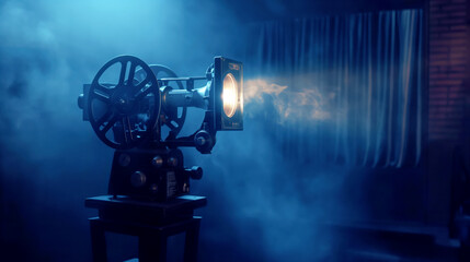 Obraz premium Vintage film projector emitting light in a smoky dark room, creating a classic cinema ambiance.