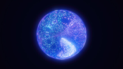 Abstract blue bright glowing background with a sphere core atom energy burning ball circle made of waves of energy rays and plasma with light