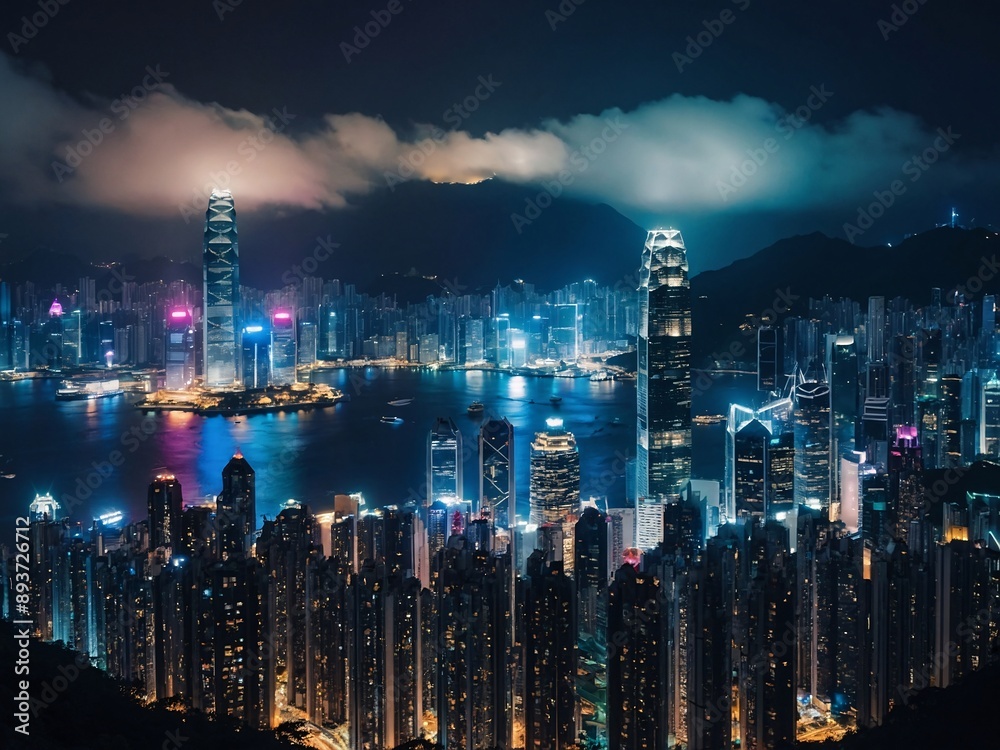 Poster Urban night lights in Hong Kong, city skyline with blue filter