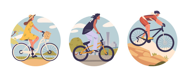 People Riding Bicycles In Different Settings As Countryside, City, And Off-road. Image Captures The Joy And Diversity