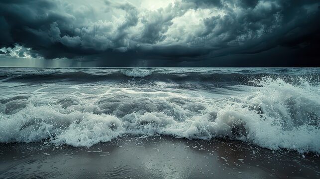 A dynamic photograph of a rainy beach scene
