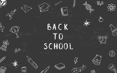 Back to school in a frame of stationery on a dark background. Linear vector illustration in doodle style