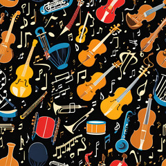 Seamless pattern of tiny musical notes and instruments in striking colors with black background