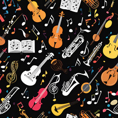 Seamless pattern of tiny musical notes and instruments in striking colors with black background