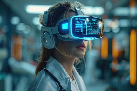 A female doctor wearing virtual reality glasses in a high-tech laboratory, symbolizing the future of medical technology and innovation. - Powered by Adobe