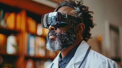 A man wearing a VR headset and a lab coat, standing indoors with books in the background, exploring virtual reality technology.