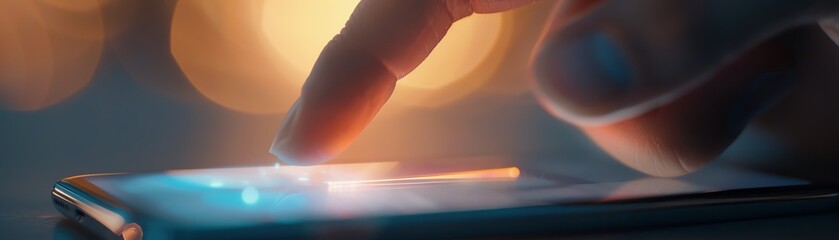 A close-up of a finger touching a smartphone screen with colorful lights in the background, highlighting modern technology and connectivity.