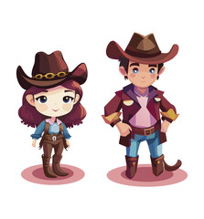 A boy and a girl are standing next to each other, both wearing cowboy hats. Vector illustration
