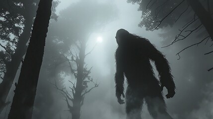 Bigfoot in the forest, hairy monster mysterious sasquatch silhouette in the fog