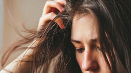 Obraz premium woman very sad and upset looking at damaged hair, hair loss, hair thinning problem, vitamin deficiency, baldness, postpartum, biotin, zinc, menstrual or endocrine disorders, hormonal imbalance