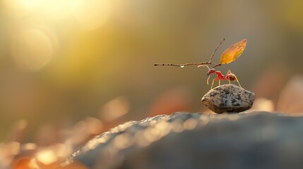 Close-up of an ant carrying a leaf on a rock, with a warm, golden, bokeh background setting sun rays.