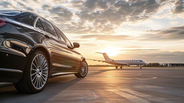 Business class transfer service at the airport. Private executive airplane and luxury car, Airport shuttle