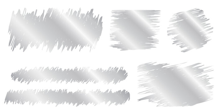 Silver scraped scratchcard textures. Collection of shining metallic scratch card, lucky game ticket, lotto winner, money prize or sale coupon surfaces isolated on white background. Vector illustration