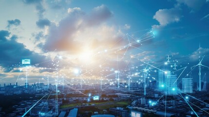 Fototapeta premium high technology use clean energy, sky blue tone, environment background, wind, sky, turbine, power, electricity, energy, windmill, alternative, field, green, technology, renewable, generation