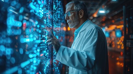 Elderly scientist interacting with futuristic digital display technology, conducting innovative research in a high-tech laboratory setting.