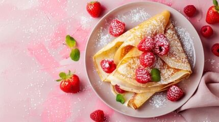 A plate of goldenbrown crepes dusted with powdered sugar and topped with fresh raspberries and strawberries