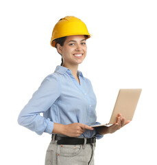 Engineer in hard hat with laptop on white background