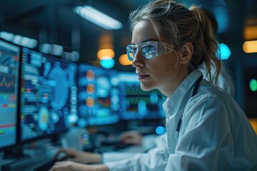Focused scientist analyzing data in a modern laboratory, surrounded by futuristic technology and multiple computer screens.