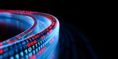 Abstract illustration of a curved data stream composed of glowing binary code in red and blue. Dynamic visual effect on a dark background. flow of digital information and advanced technology.
