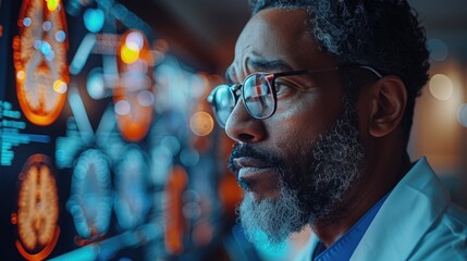 Focused scientist analyzing brain scans on a futuristic digital display in a high-tech laboratory environment.