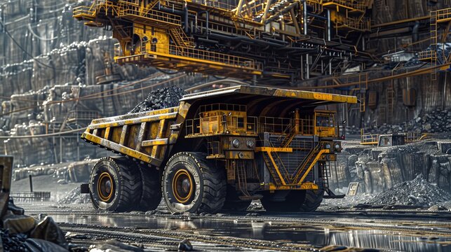 A Yellow Dump Truck Hauling Coal in a Mine, Digital Painting, Mining Equipment, Coal Transportation, Heavy Machinery, Mine,  Coal, Industrial