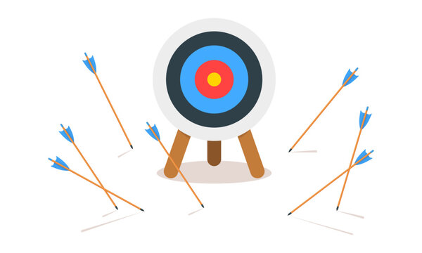 Archery target ring with many missed arrows isolated on white background. Business goal failure symbol. Inaccuracy, inefficiency or mistake strategy concept. Vector cartoon illustration.